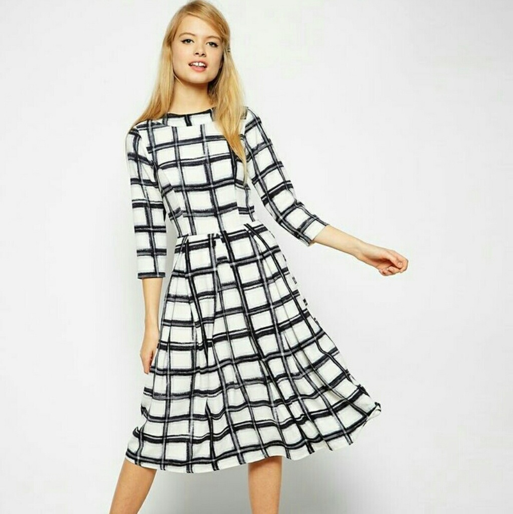 ASOS White Midi Dress with Black Windowpane Check